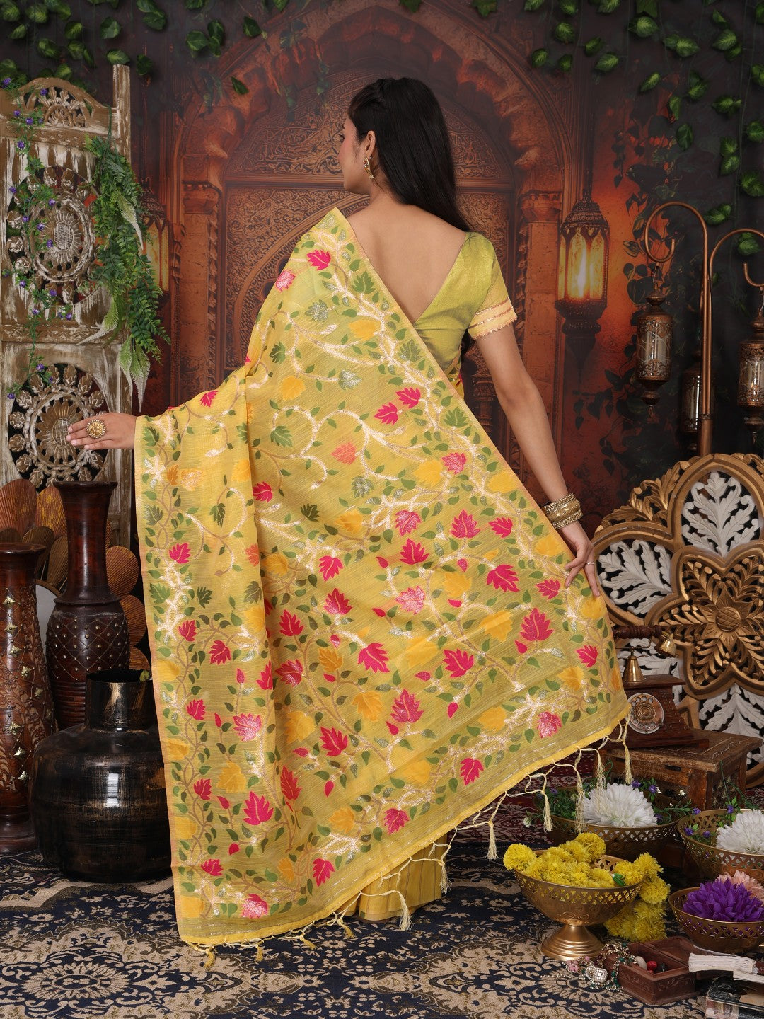 Anaita Yellow Linen Printed Saree With Blouse