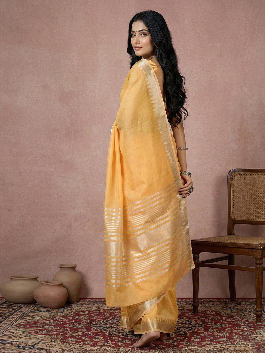 Anaita Yellow Cotton Saree With Blouse