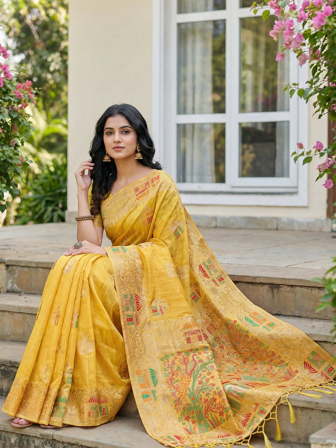 Anaita Yellow Linen Woven Work Saree With Blouse