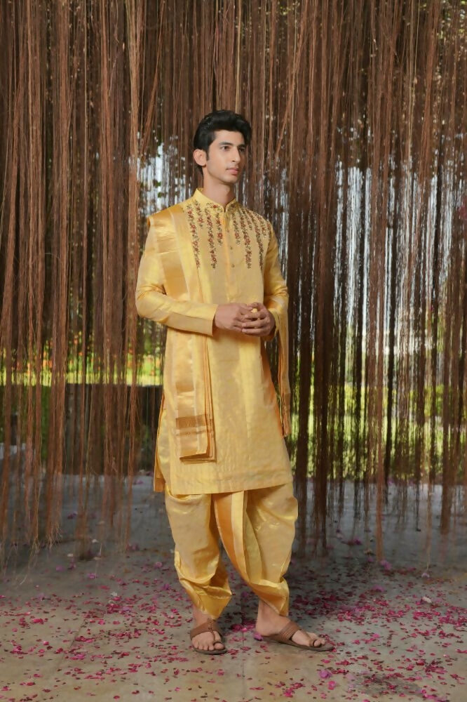 Gold Machine Kanjivaram Embroidered Pattu Set by Hilo Design