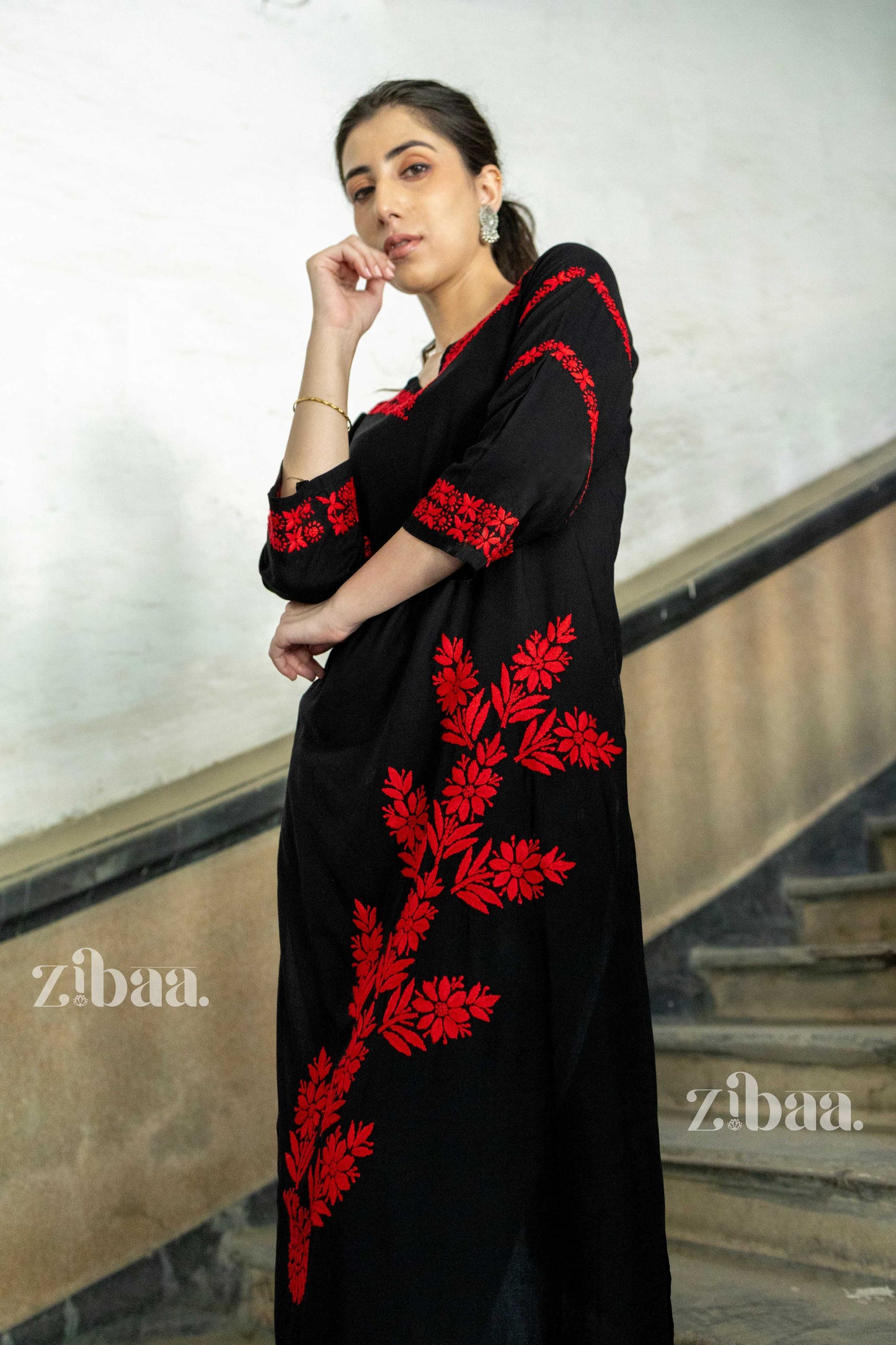 Zibaa Modal Red & Black Chikankari Kurta