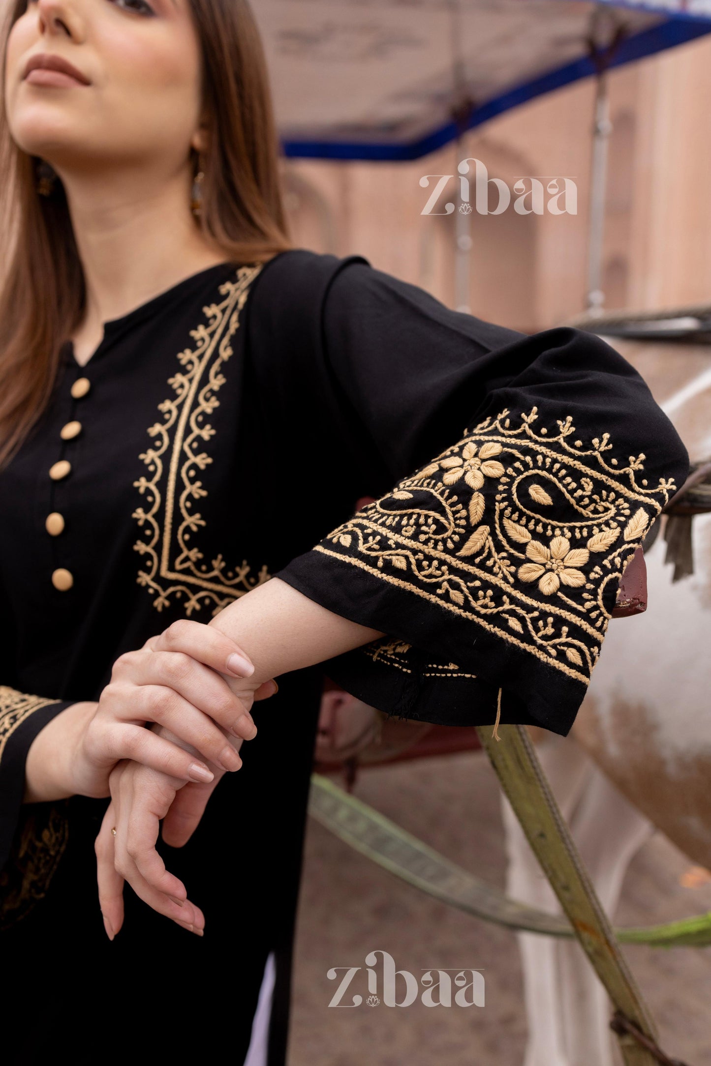 Zibaa Luxury Rayon Black Chikankari Kurta with Hand Jaal