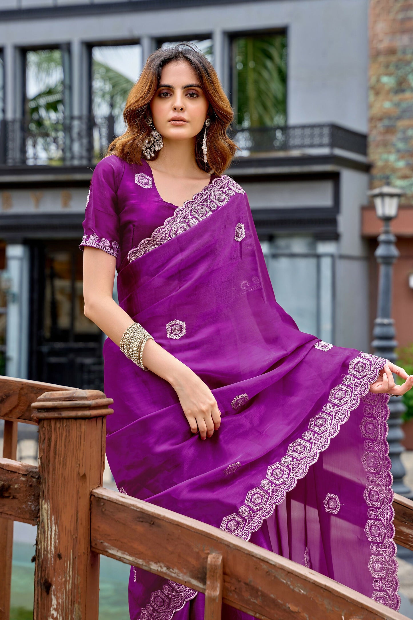 Vastranavya Purple Embroidery Work Shimmer Chiffon Saree with Unstitched Blouse