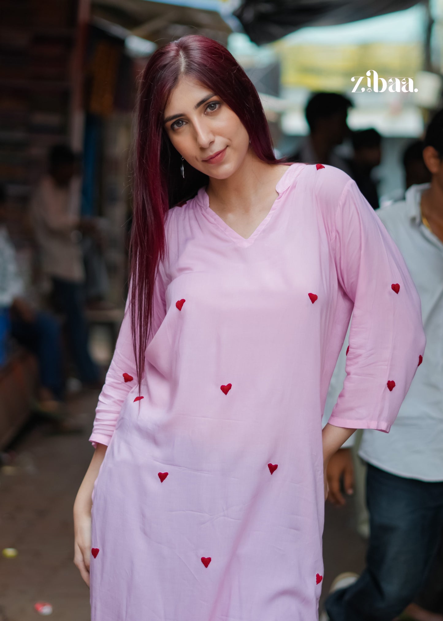 Zibaa Pink & Red Modal Chikankari Kurta