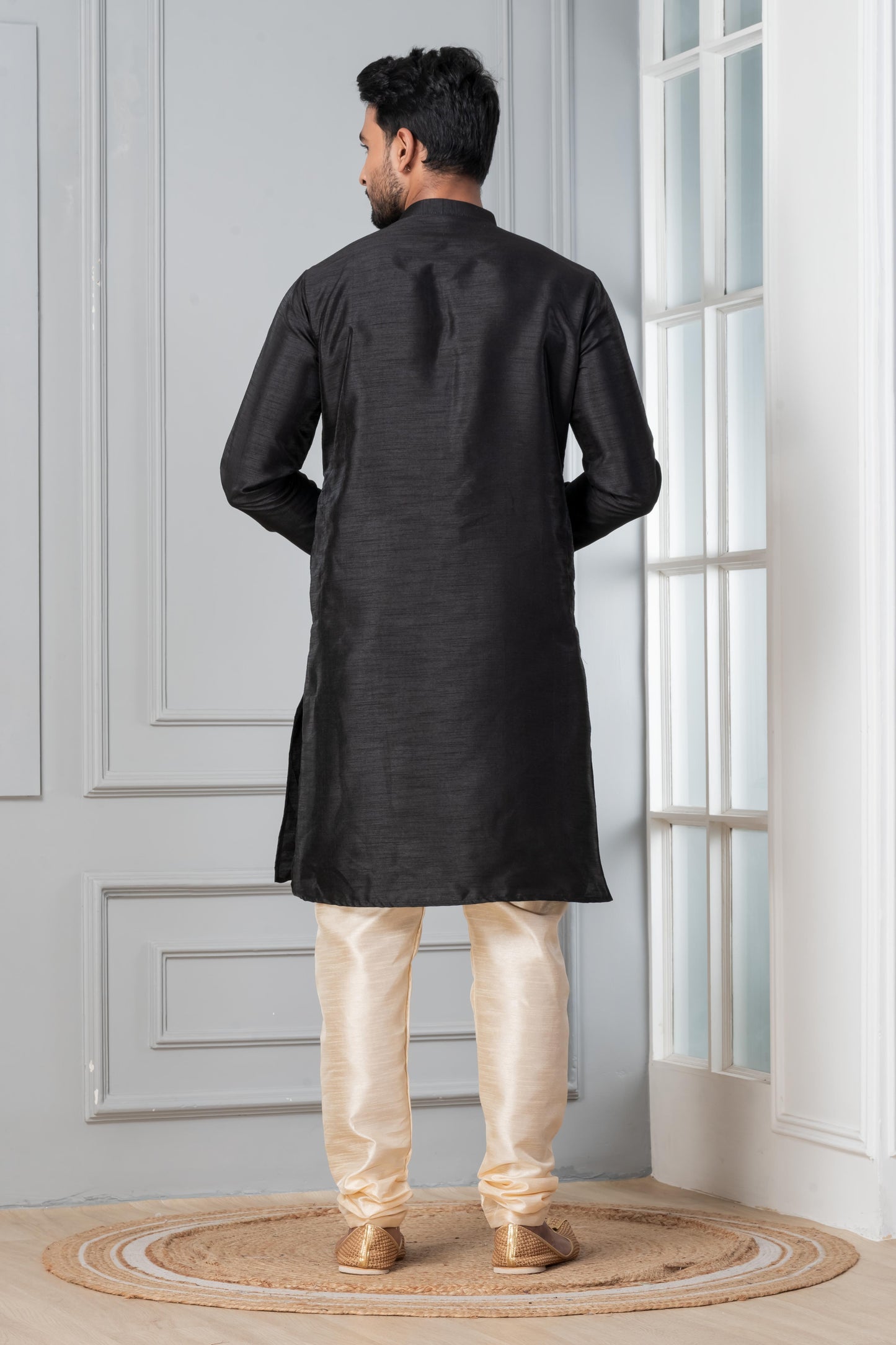 Zavaya Men Black Solid Banarasi Silk Kurta Churidar Set