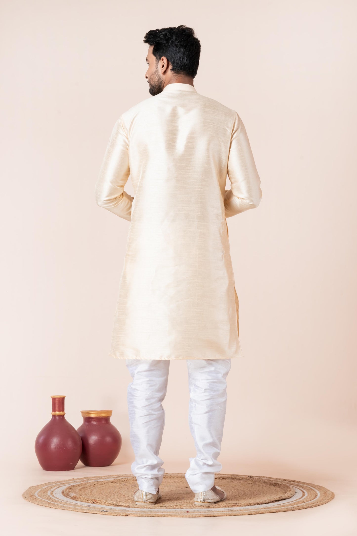 Zavaya Men Beige Solid Banarasi Silk Kurta Churidar Set