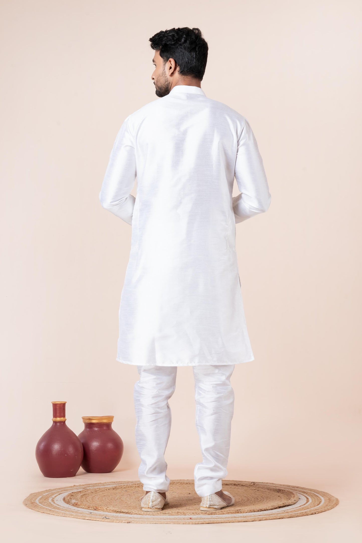 Zavaya Men White Solid Banarasi Silk Kurta Churidar Set