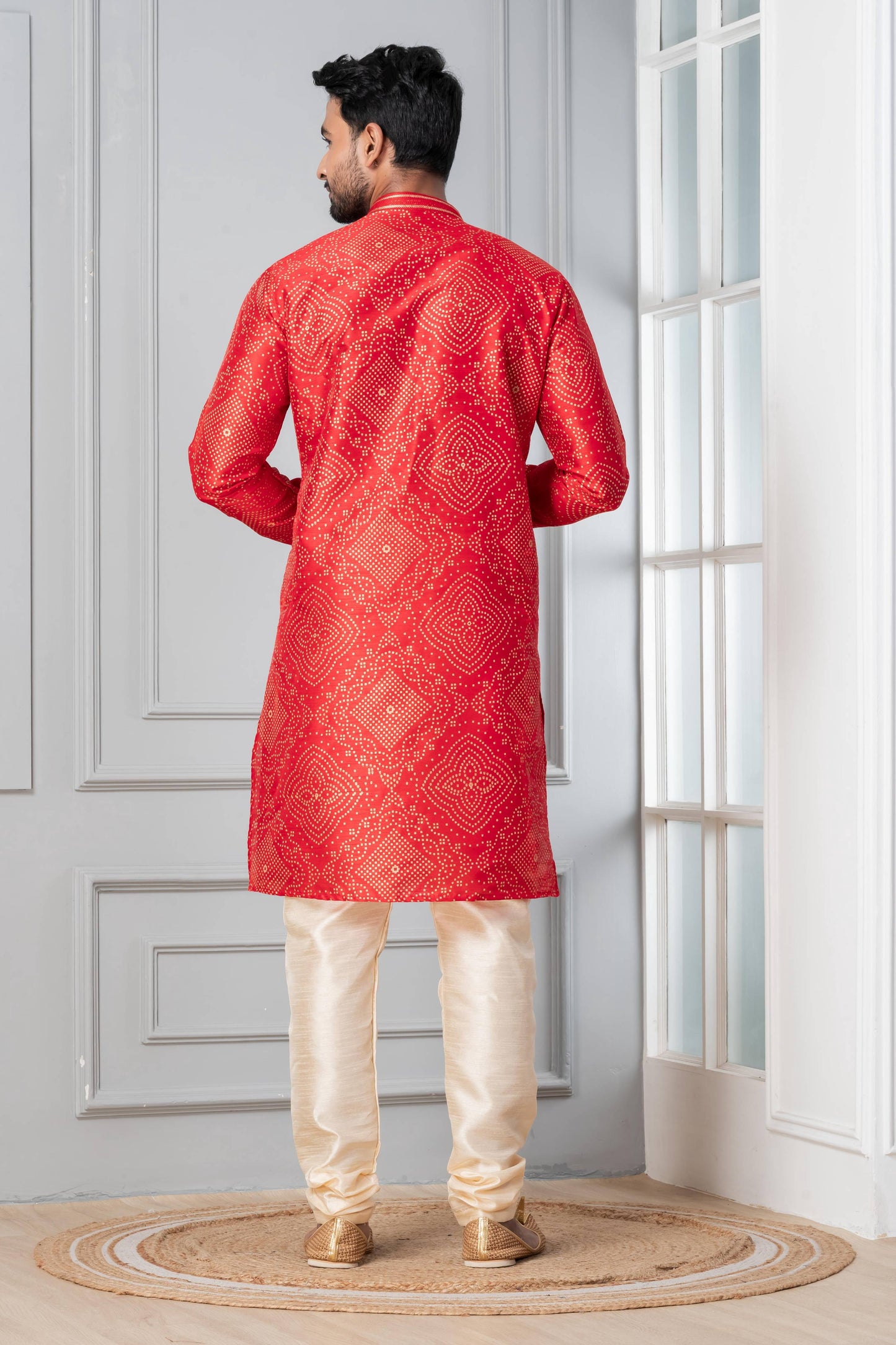 Zavaya Men Red Printed Banarasi Silk Kurta Churidar Set