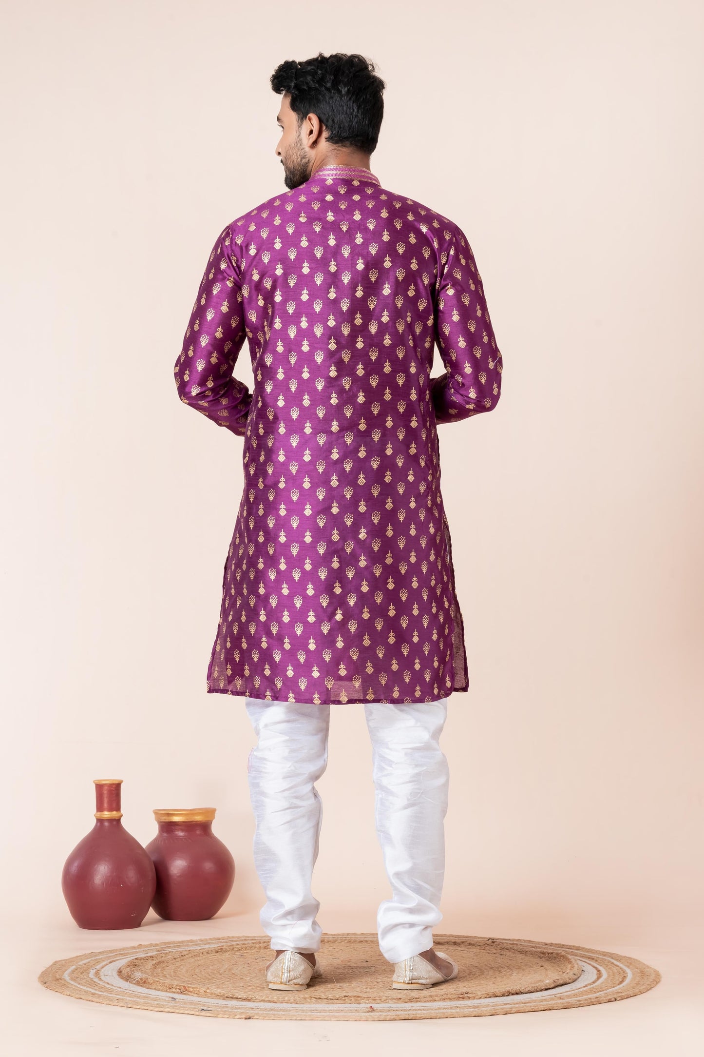 Zavaya Men Purple Printed Banarasi Silk Kurta Churidar Set
