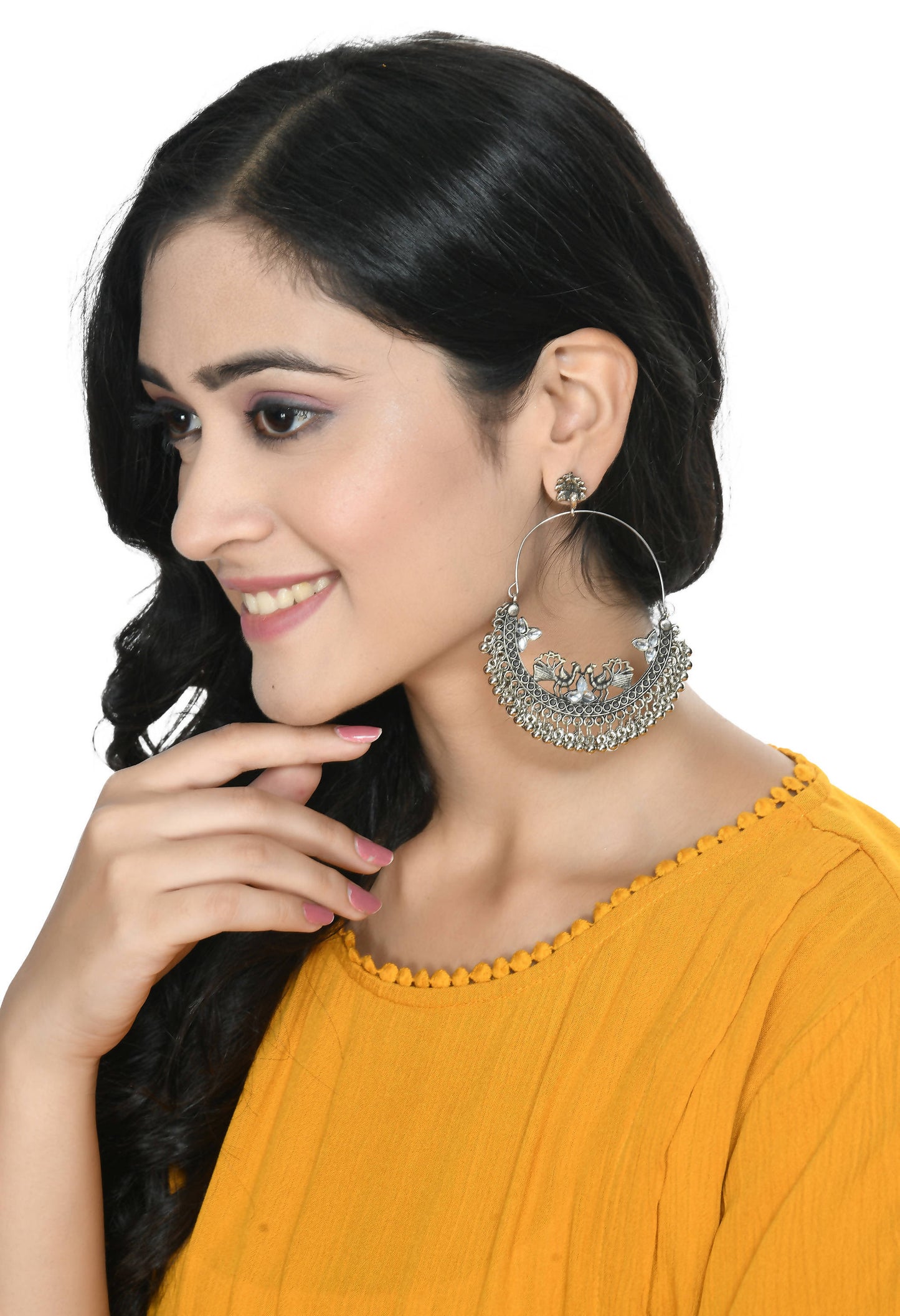 Mominos Fashion Johar Kamal Silver Peacock Design Chandbali Earrings