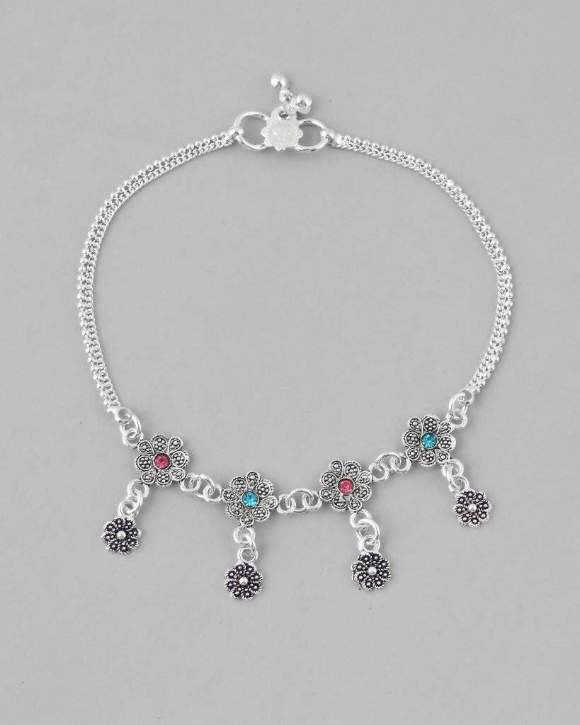 VOJ Set of 2 Silver Plated Flower Shaped Meenakari Anklet