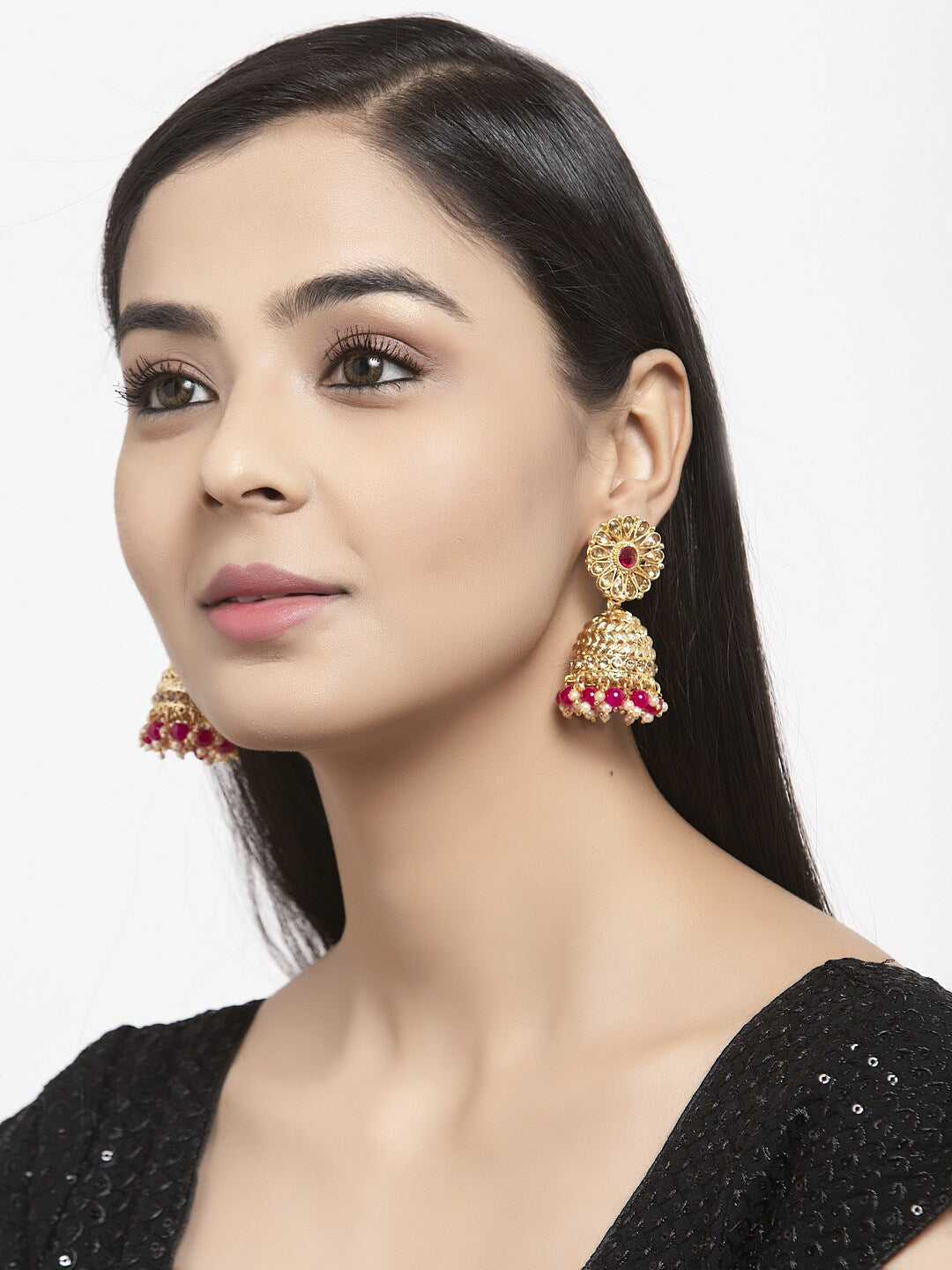 Shining Diva Gold-Polished Pink Dome Shaped Jhumkas