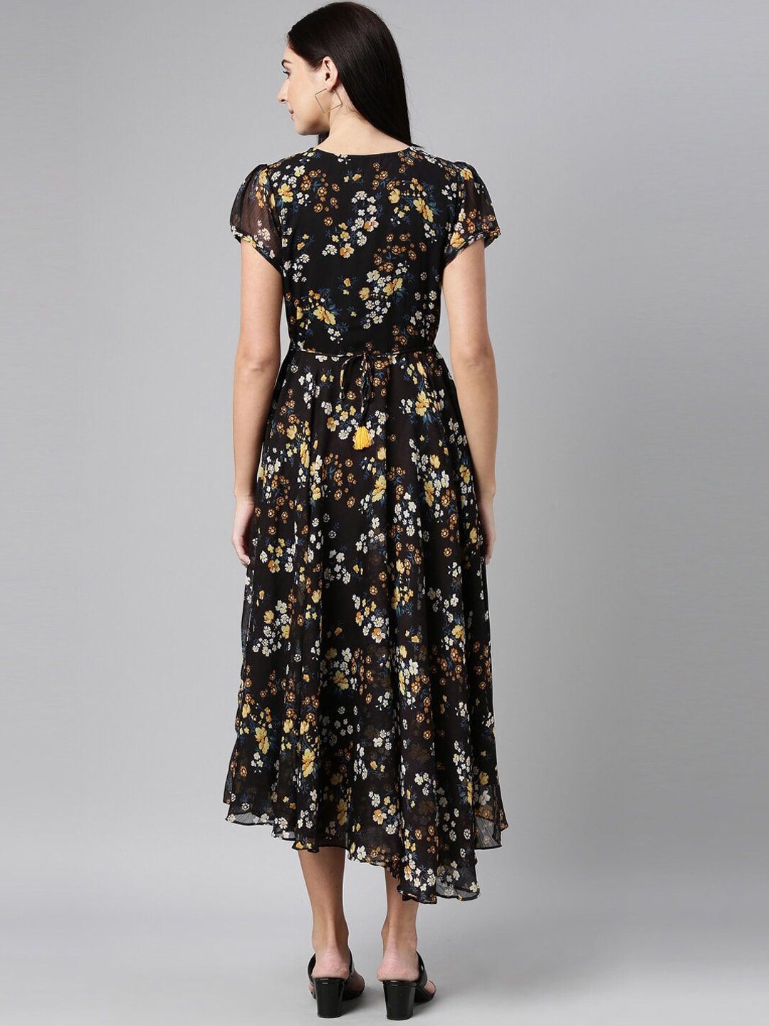 Souchii Black Floral Chiffon Maxi Dress