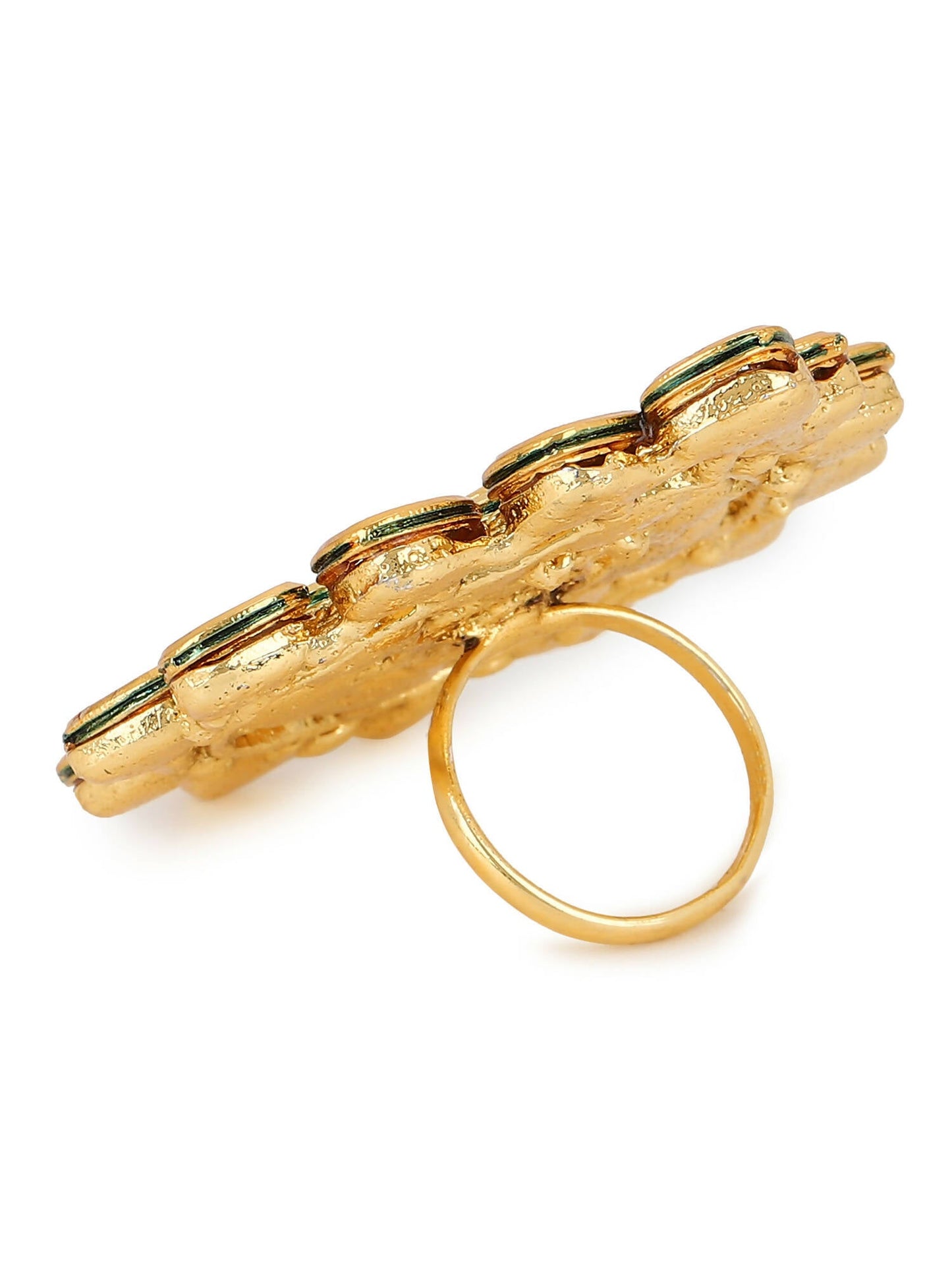 Gold-Polished White Kundan-Studded Adjustable Finger Ring - Ruby Raang