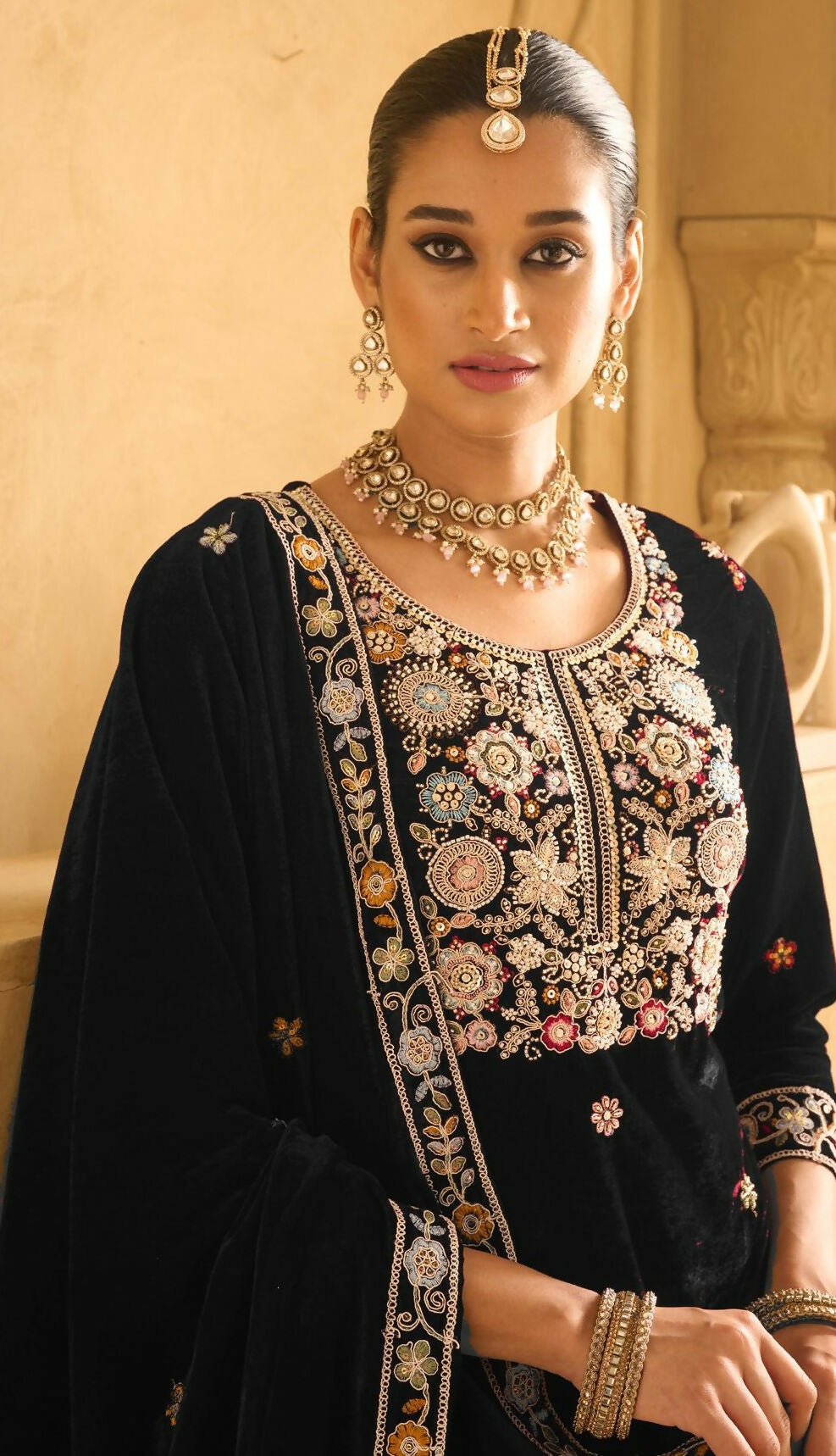 Anaita Black Embroidered Work Velvet Stitched Plazo Suit