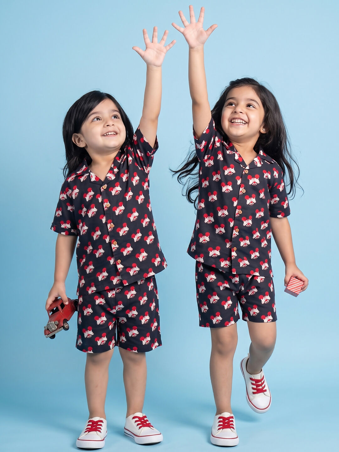 Breathables Woven Cotton Half Sleeves Mickey Mouse Shirt & Shorts Black