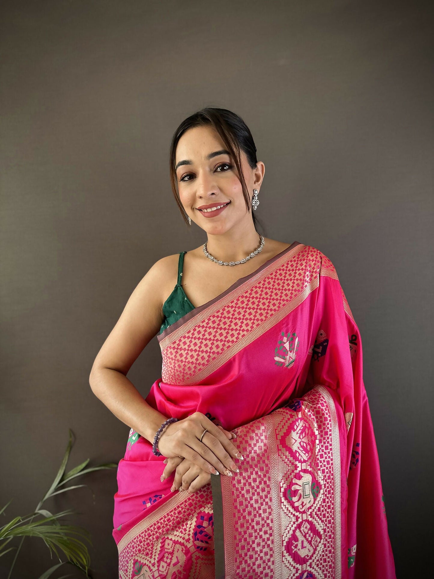 Joban Fashion Rani Pink Elephant & Floral Motifs Soft Lichi Silk Banarasi Saree