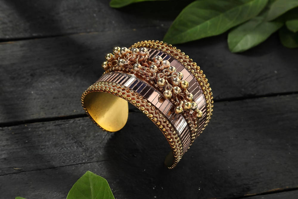 Mominos Fashion Kamal Johar Oxidised Gold-Polished Ghungroo Handcraft Cuff Bracelet