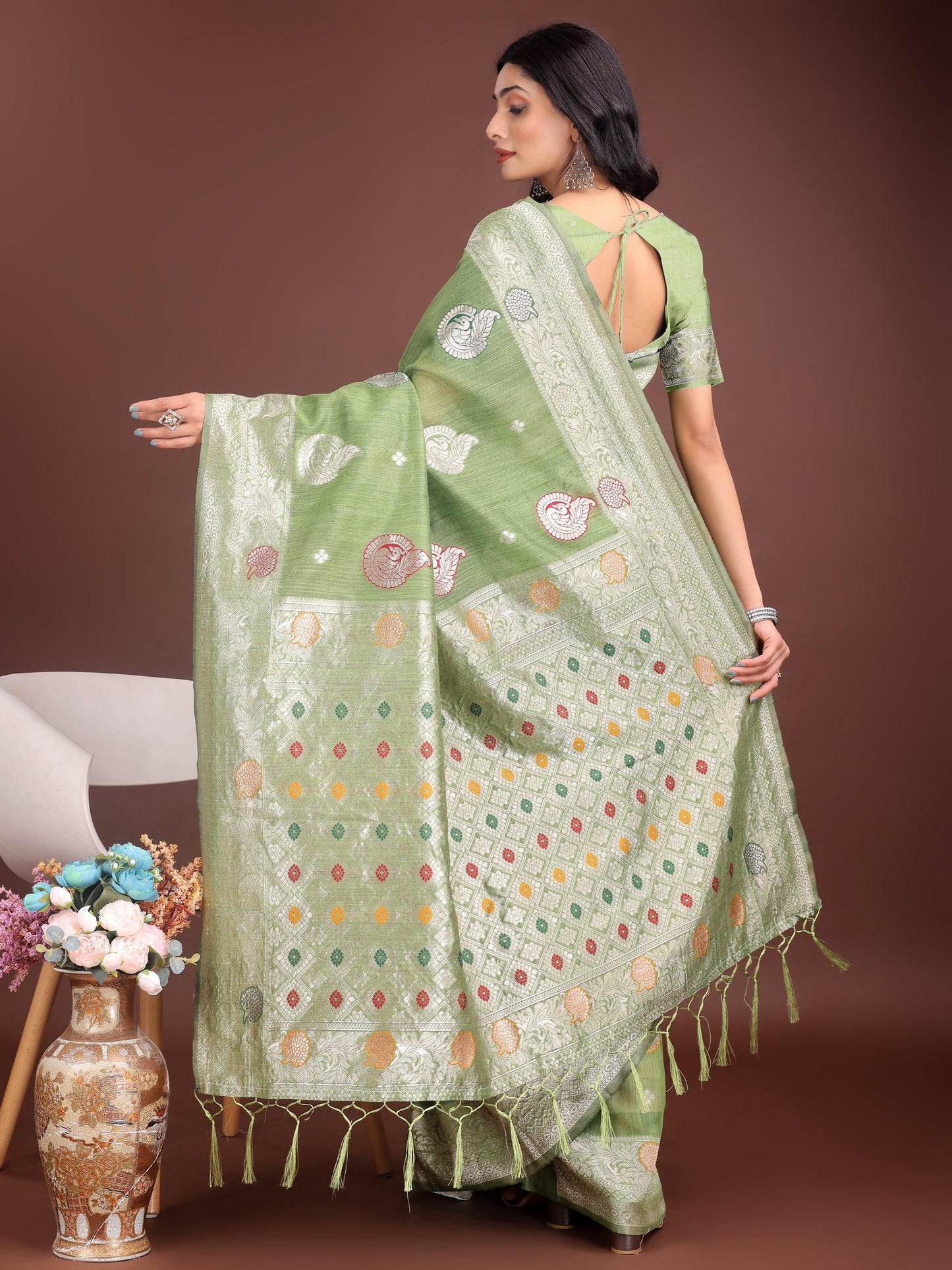 Anaita Light Green Linen Cotton With Jacquard Work And Zari Weaving Saree With Blouse