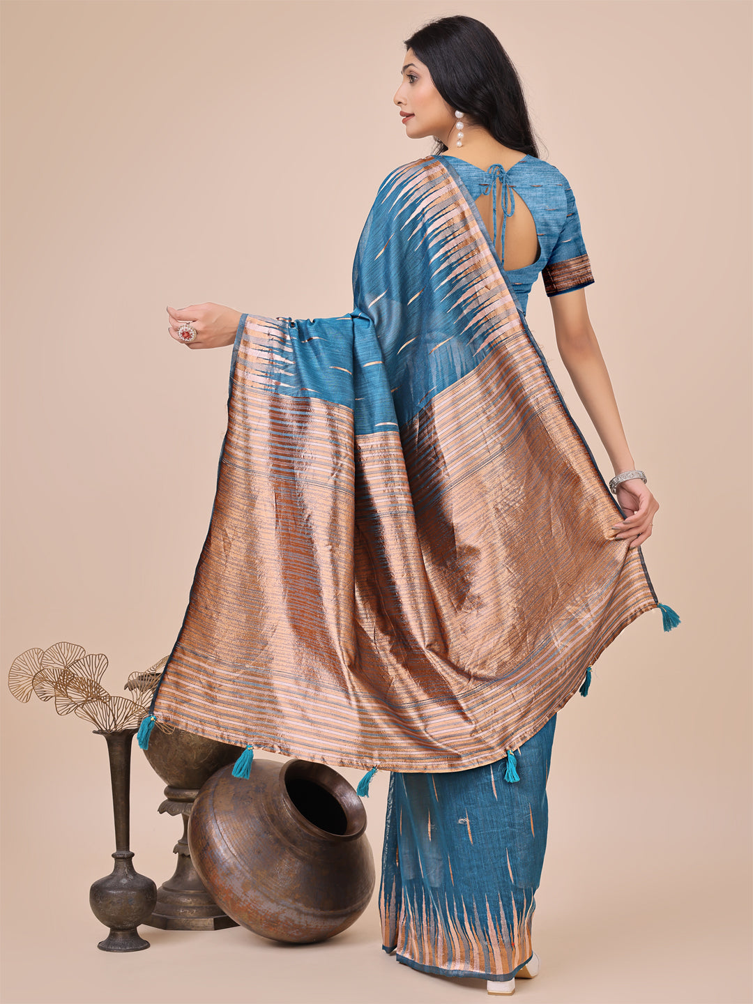 Anaita Blue Linen Cotton With Jacquard Work And Zari Weaving Saree With Blouse