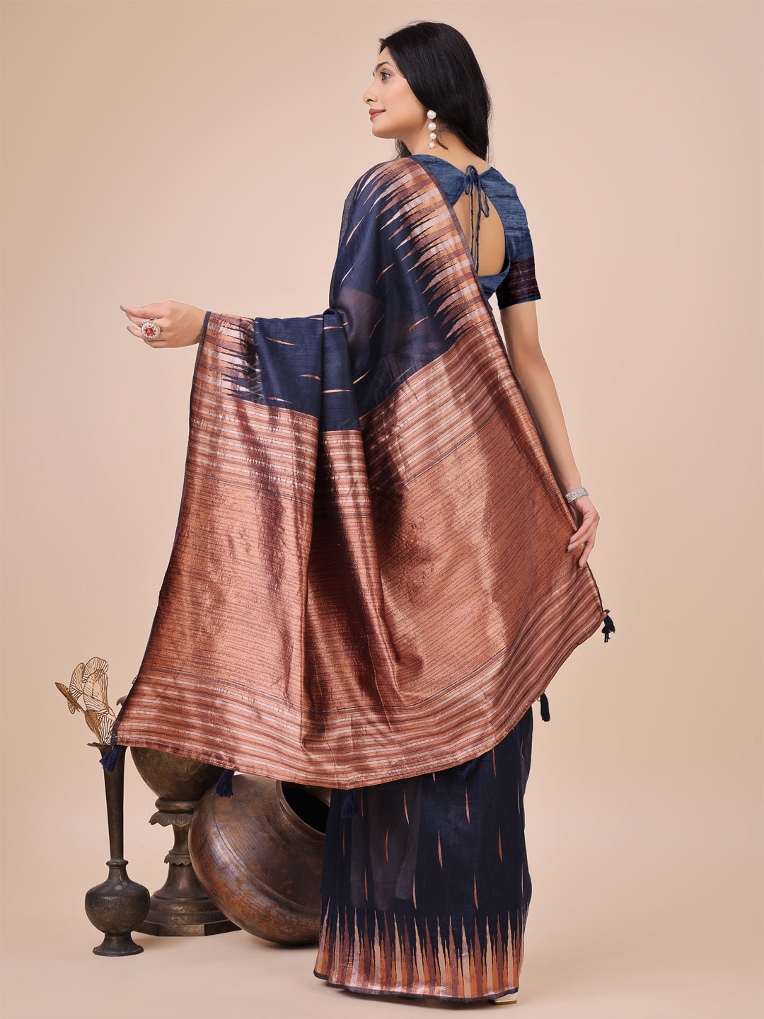 Anaita Navy Blue Linen Cotton With Jacquard Work And Zari Weaving Saree With Blouse