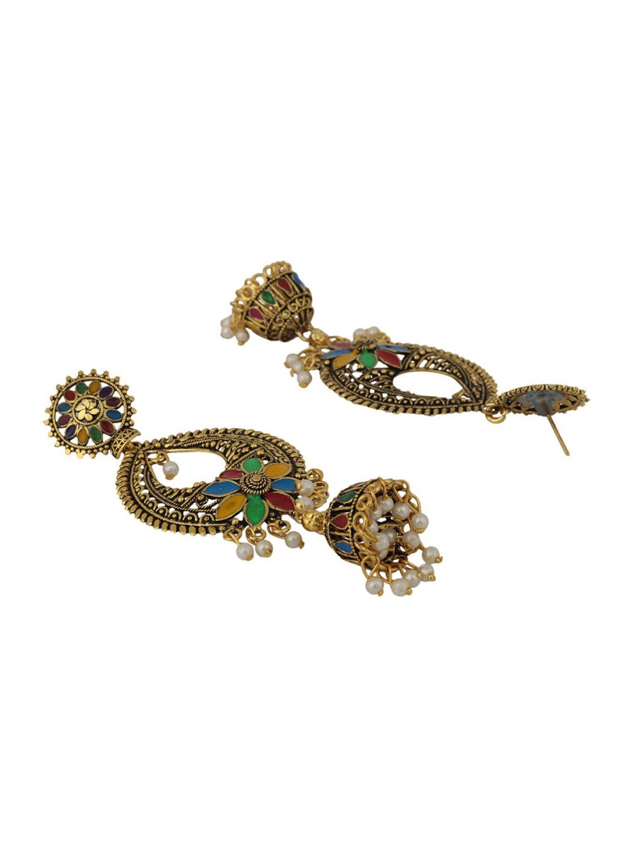 Anikas Creation Gold-Toned & Multicoloured Contemporary Jhumkas Earrings