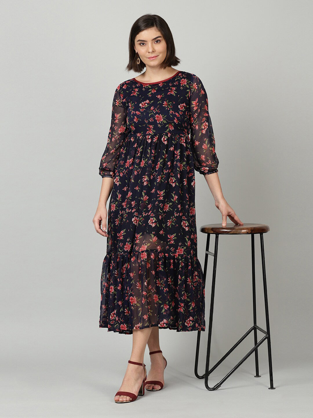 Souchii Women Navy Blue & Red Floral Chiffon A-Line Tiered Dress