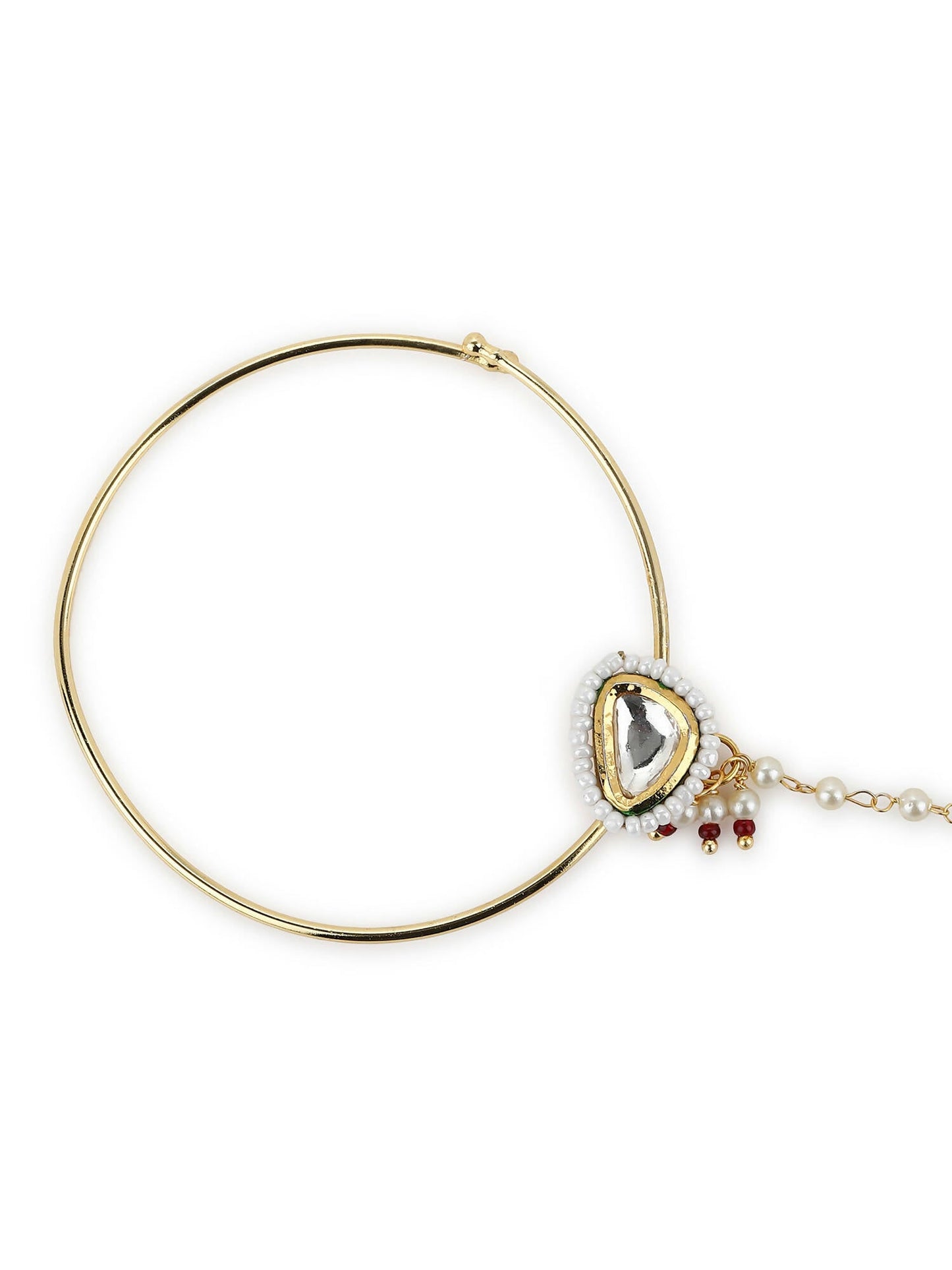 Gold-Polished White Kundan Studded Nose Pin With Beaded Extension - Ruby Raang