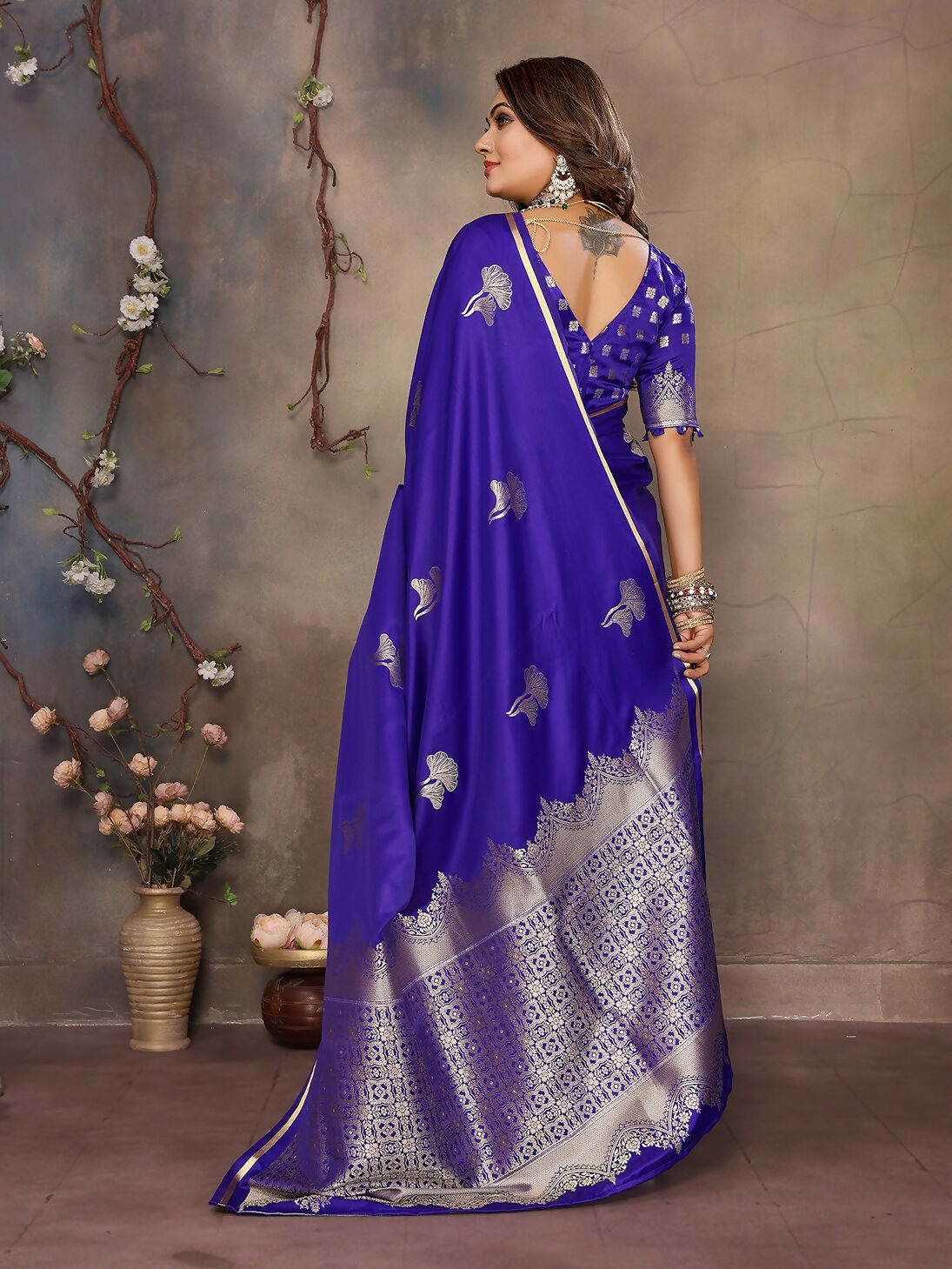 Joban Fashion Royal Blue Floral Motifs Banarasi Silk Sarees