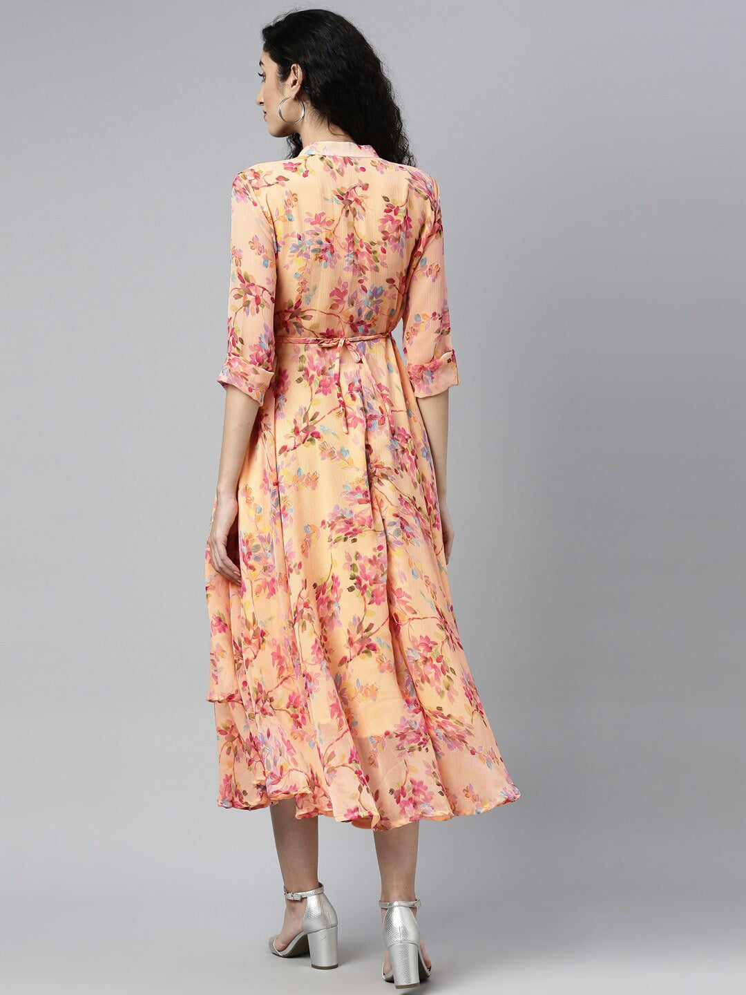 Souchii Peach-Coloured Floral Layered Chiffon A-Line Midi Dress