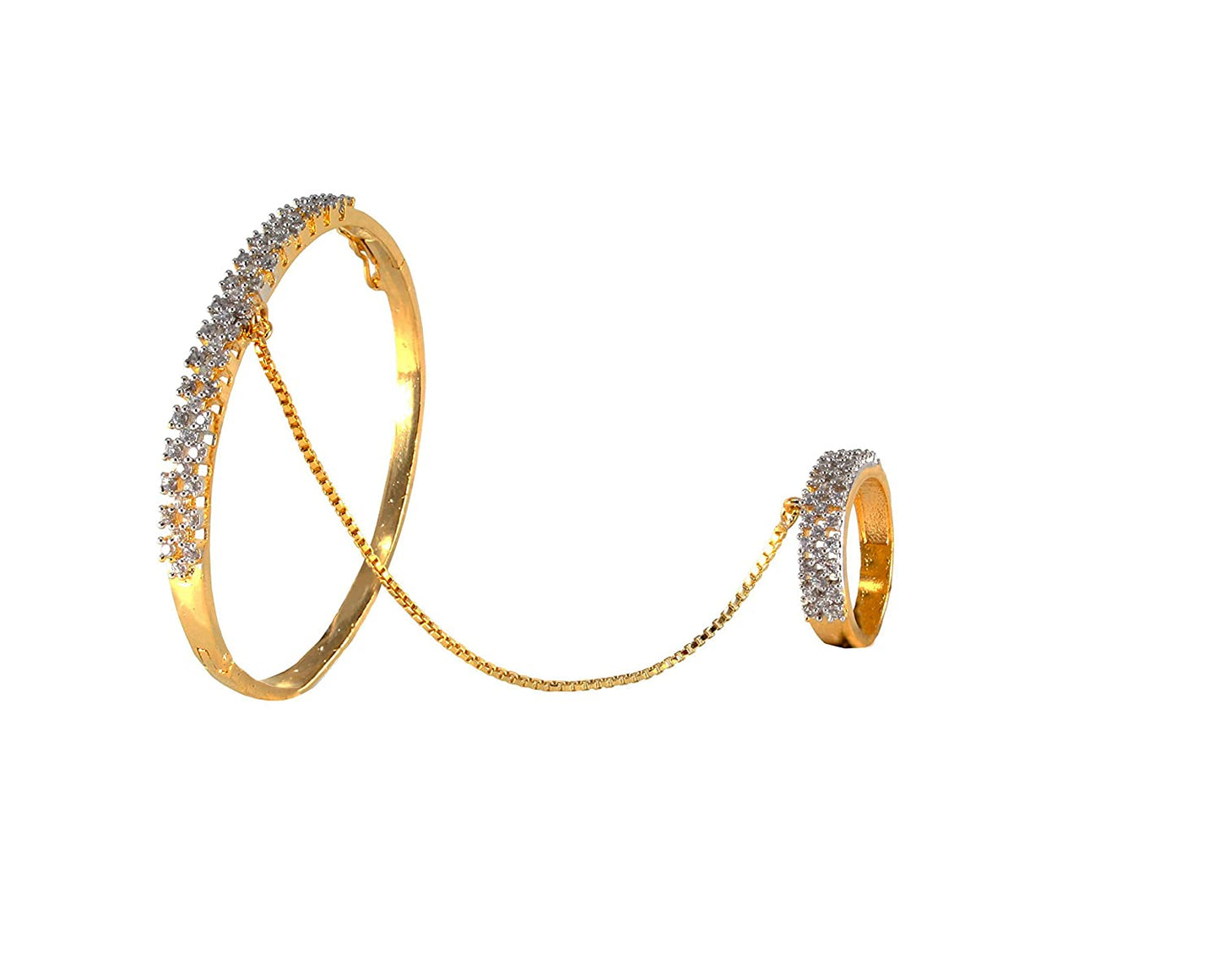Gold-Polished Alloy American Diamond Bracelet With Ring - The Pari