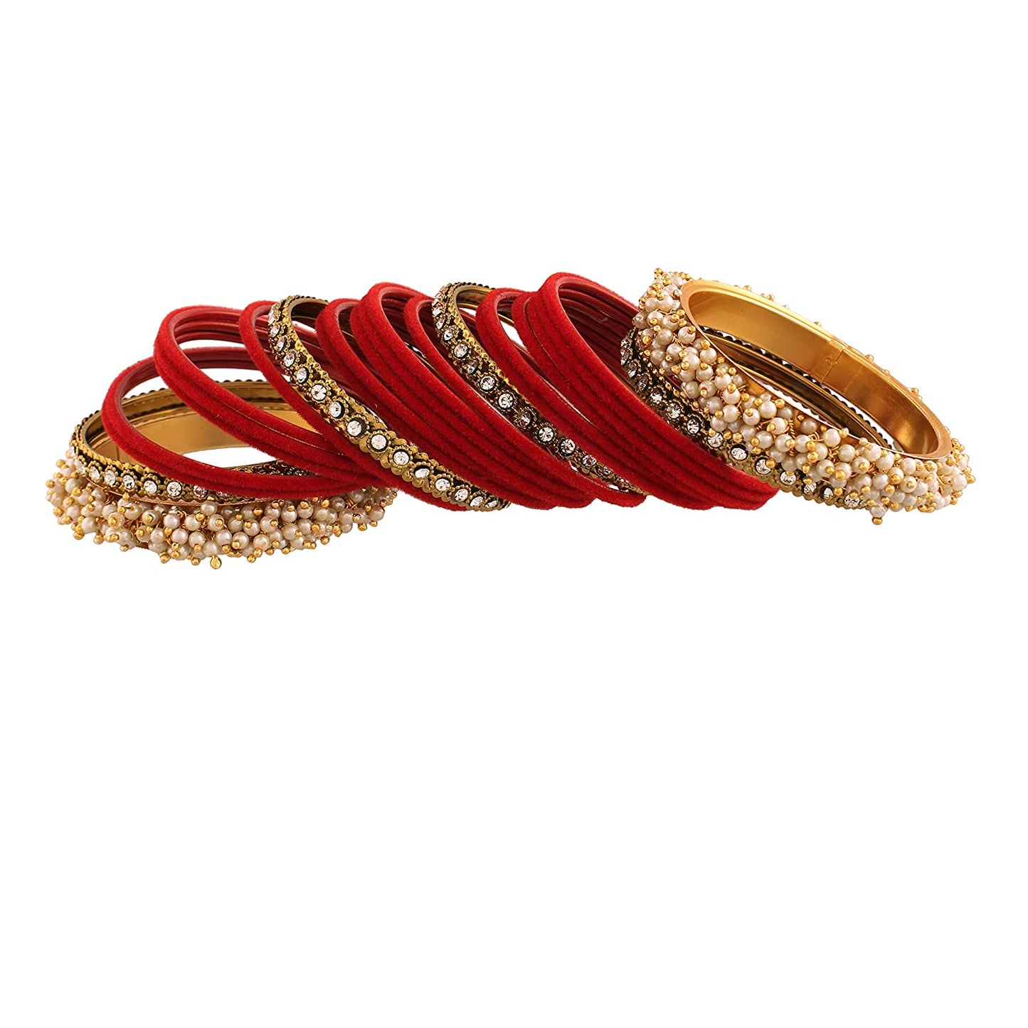 Gold-Polished Alloy Red Velvet Bangle Set With Pearl Bangle - The Pari