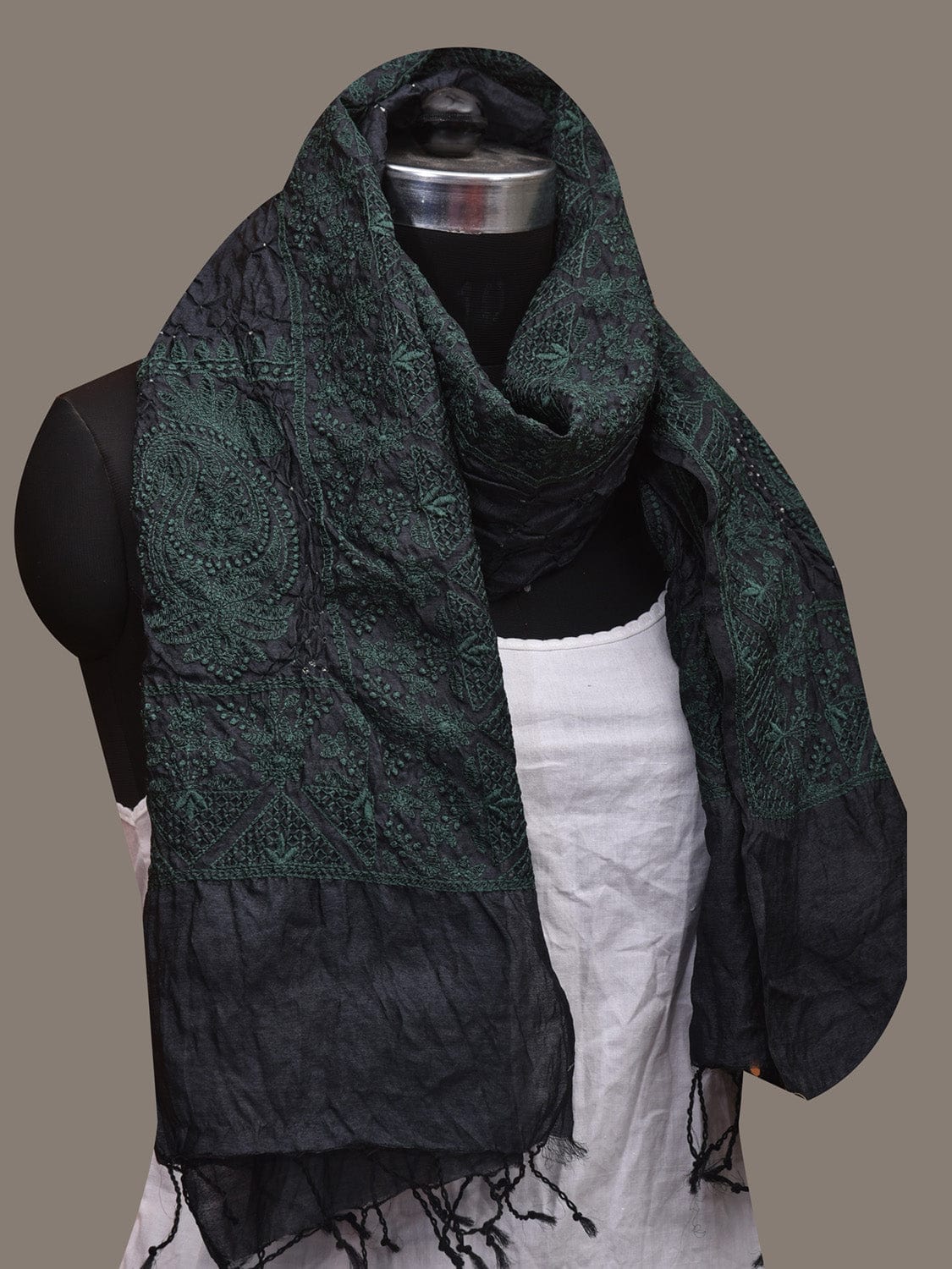 Black Bandhani Tussar Stole with Embroidary Work Design - Global Threads