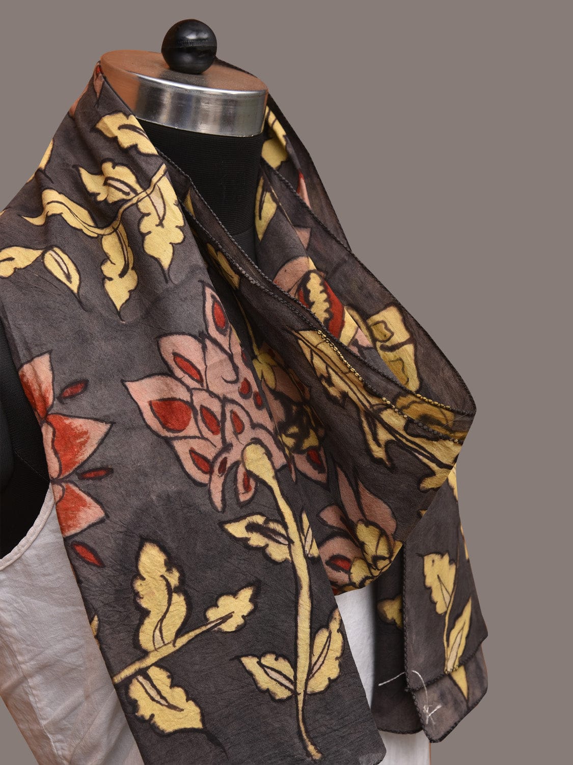 Black Kalamkari Hand Painted Sico Stole with Floral Design - Global Threads