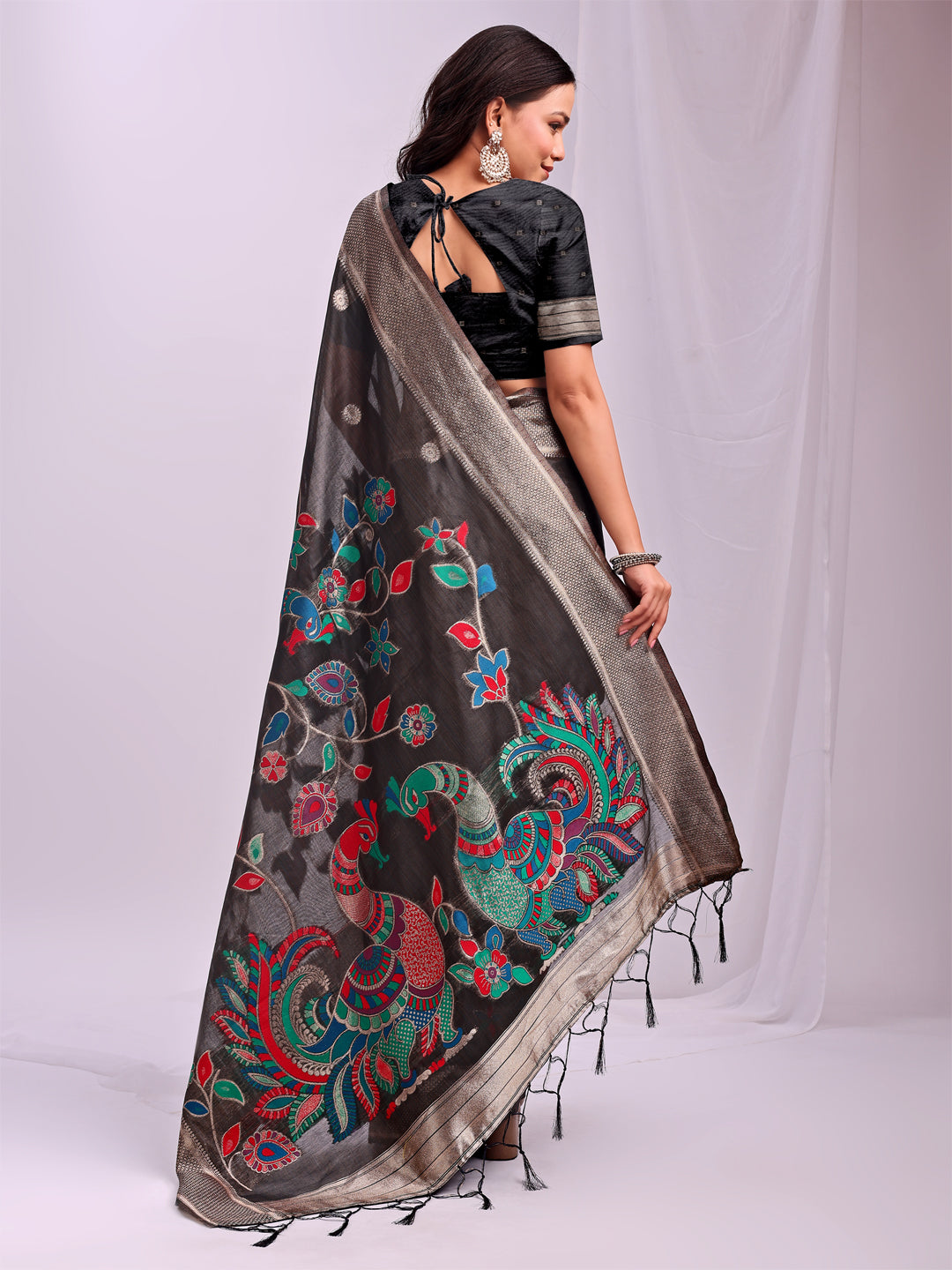 Anaita Black Linen Cotton Woven Saree With Blouse