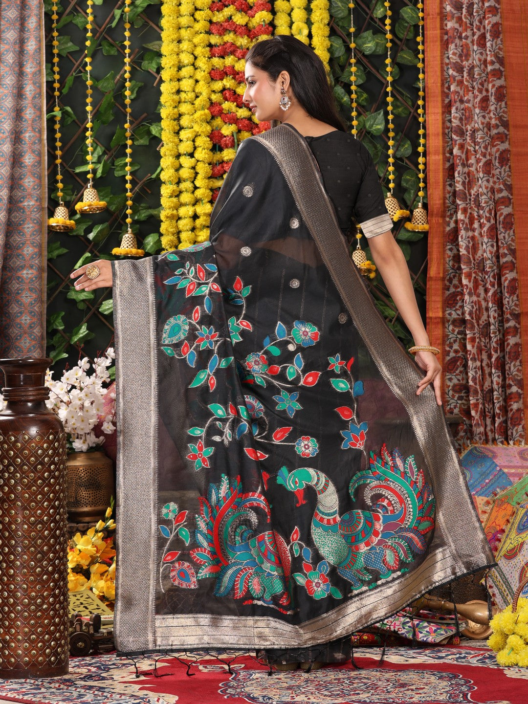 Anaita Black Linen Cotton Woven Saree With Blouse