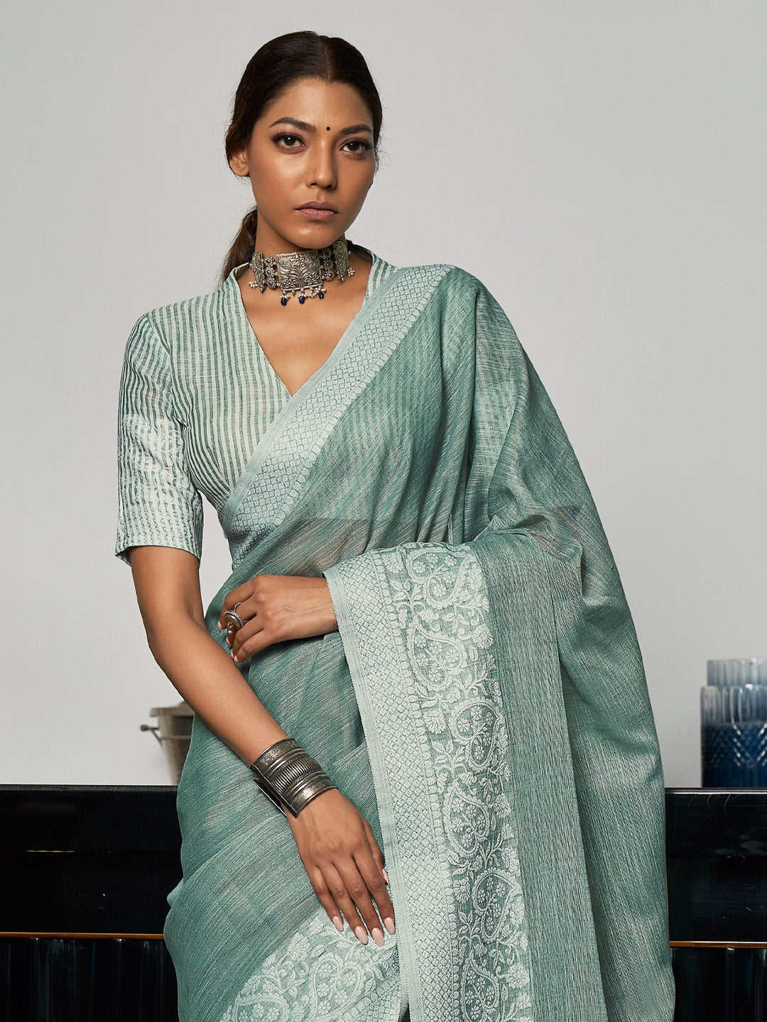 Anaita Blue Linen Zari Work Saree With Blouse
