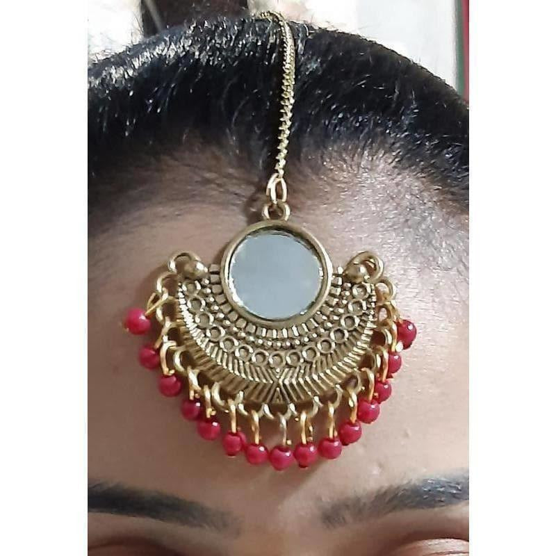MS Fashion India Gold-Polished Red Color Pearls Mirror Maang Tikka