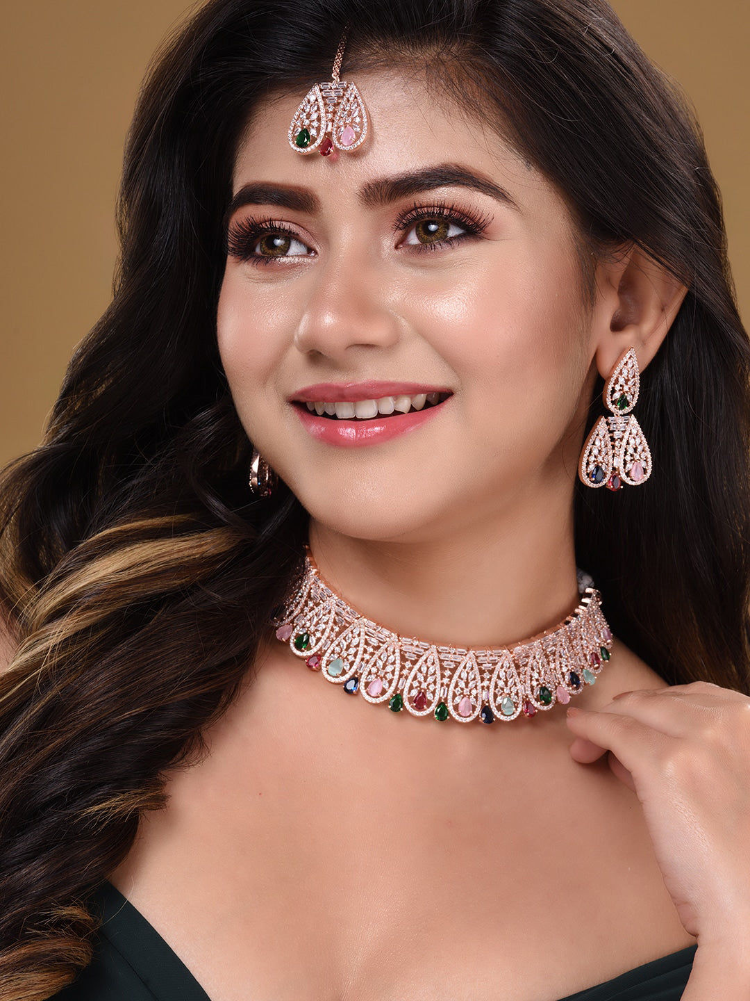 Saraf RS Jewellery Rose Gold-Polished White & Green AD-Studded Jewellery Set