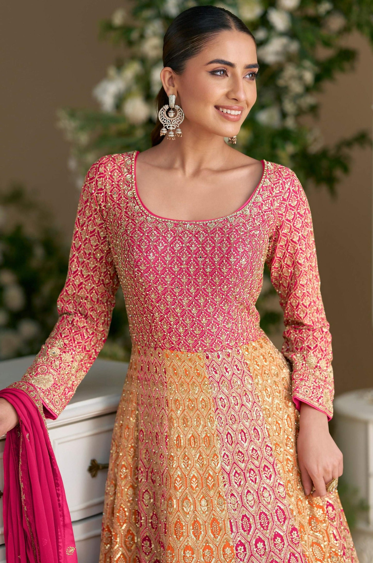 Anaita Peach Georgette Readymade Anarkali Suit with Embroidery Zarkan Work
