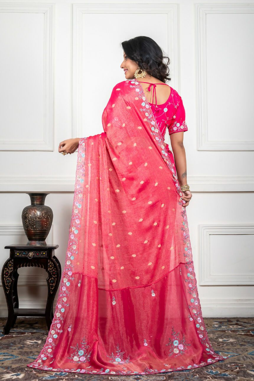 Morchari Pink Pure Chiffon Hand Embroidery Saree And Stitched Blouse