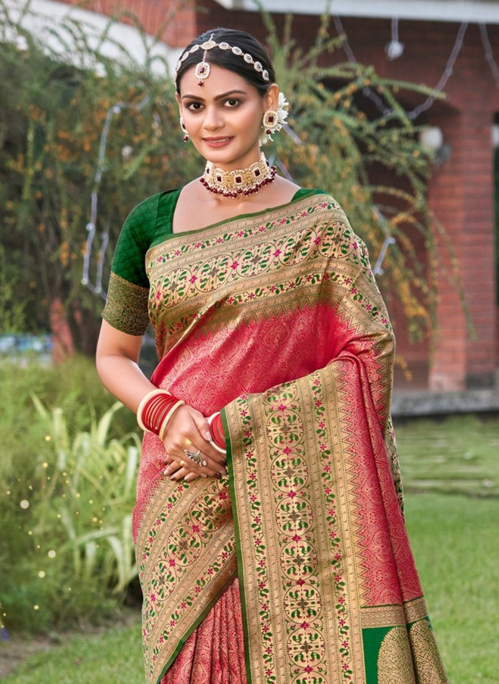 Anaita Coral Banarasi Saree With Blouse Piece