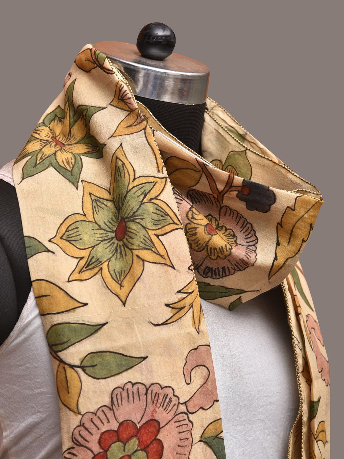 Cream Kalamkari Hand Painted Sico Stole with Floral Design - Global Threads