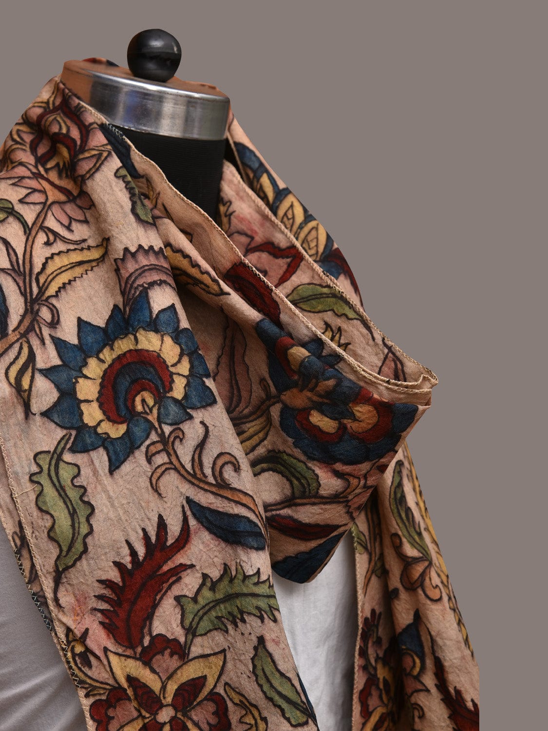 Cream Kalamkari Hand Painted Sico Stole with Floral Design - Global Threads