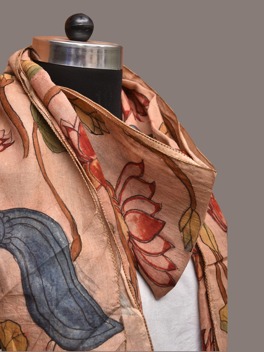 Cream Kalamkari Hand Painted Sico Stole with Lotus and Peacocks Design - Global Threads