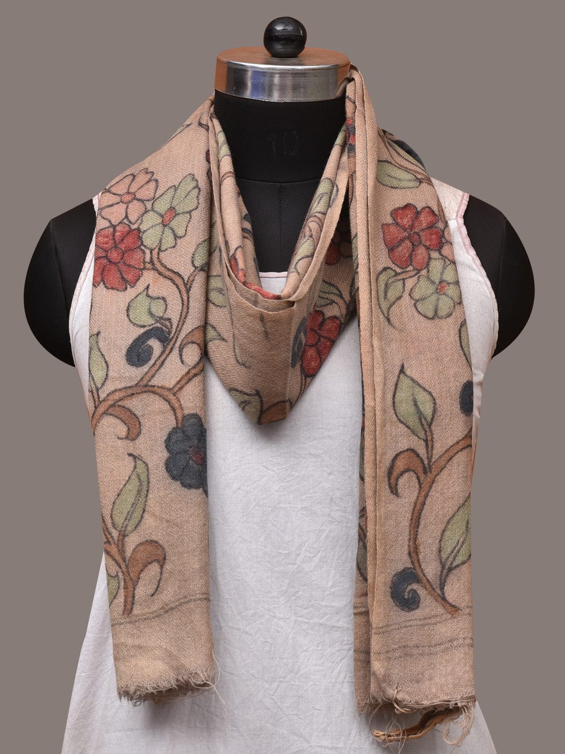 Cream Kalamkari Hand Painted Woolen Handloom Stole with Floral Design - Global Threads