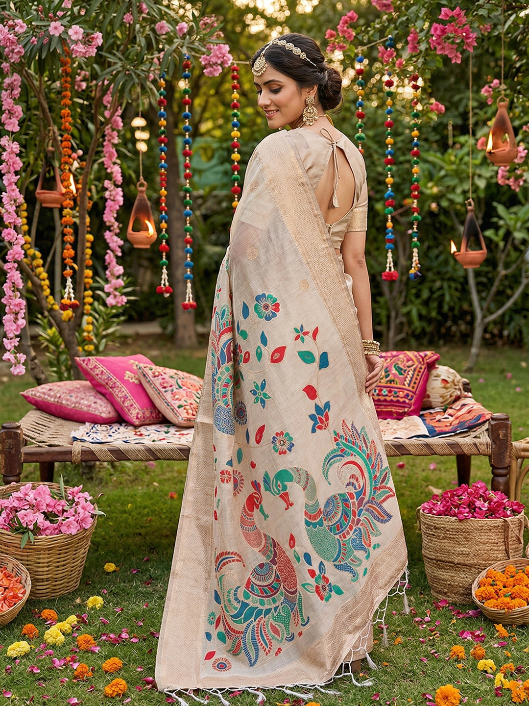 Anaita Cream Linen Cotton Woven Saree With Blouse