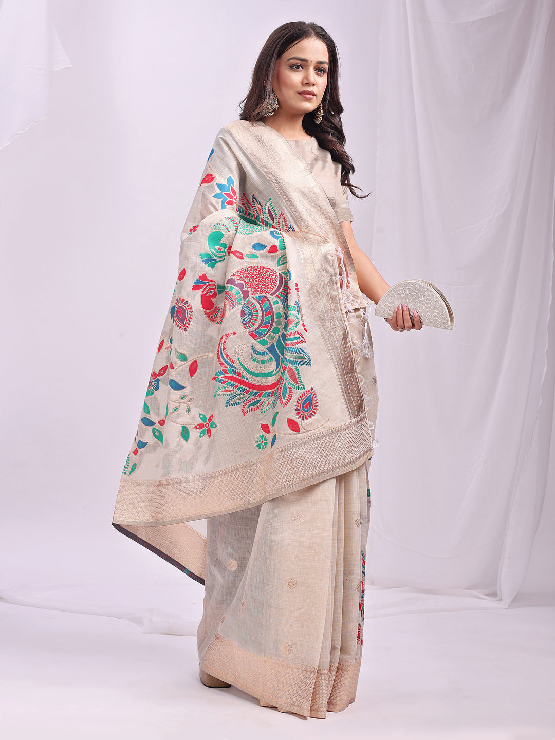 Anaita Cream Linen Cotton Woven Saree With Blouse