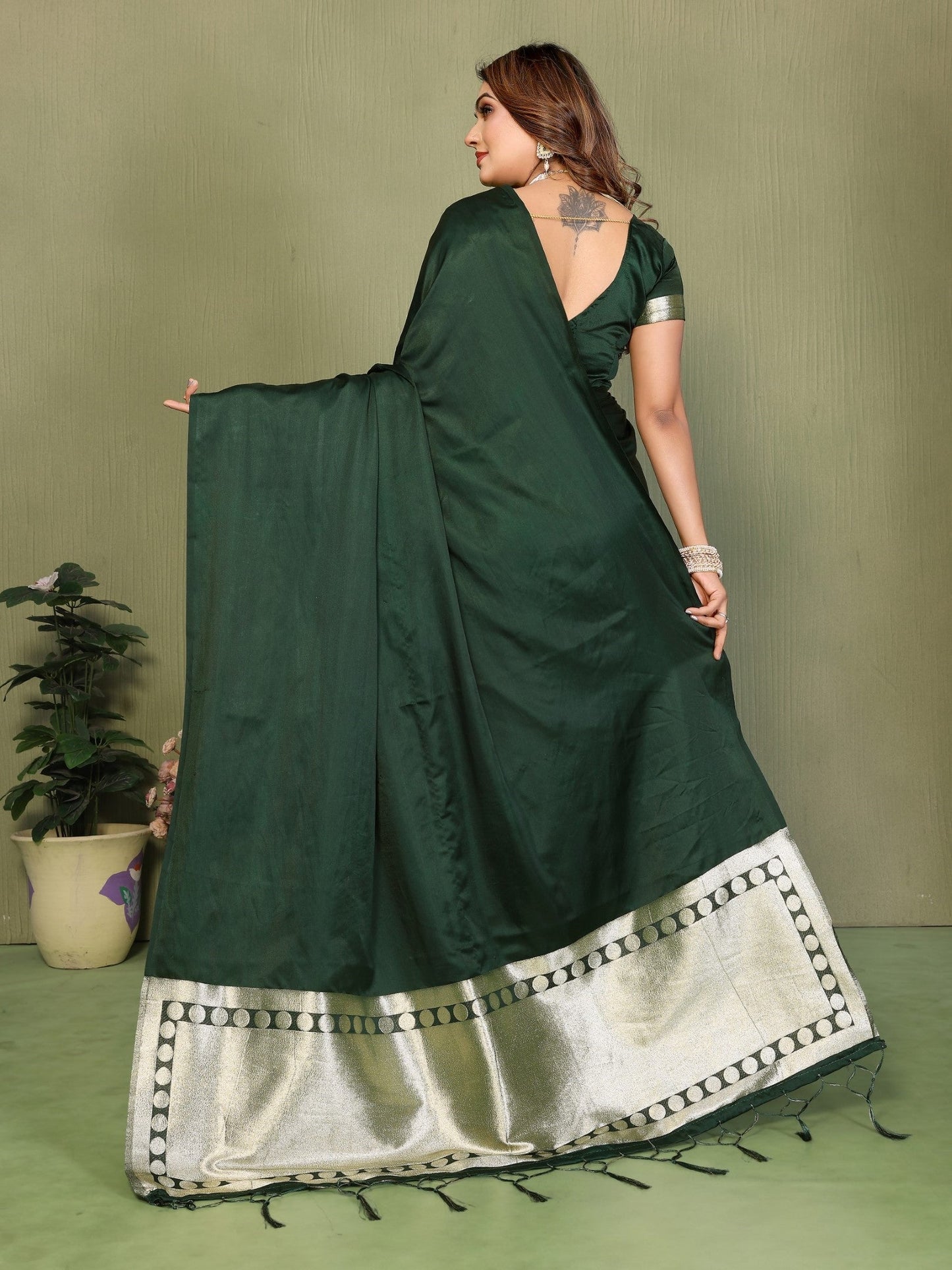 Anaita D Green Zari Weaving Work Satin Silk Saree With Blouse