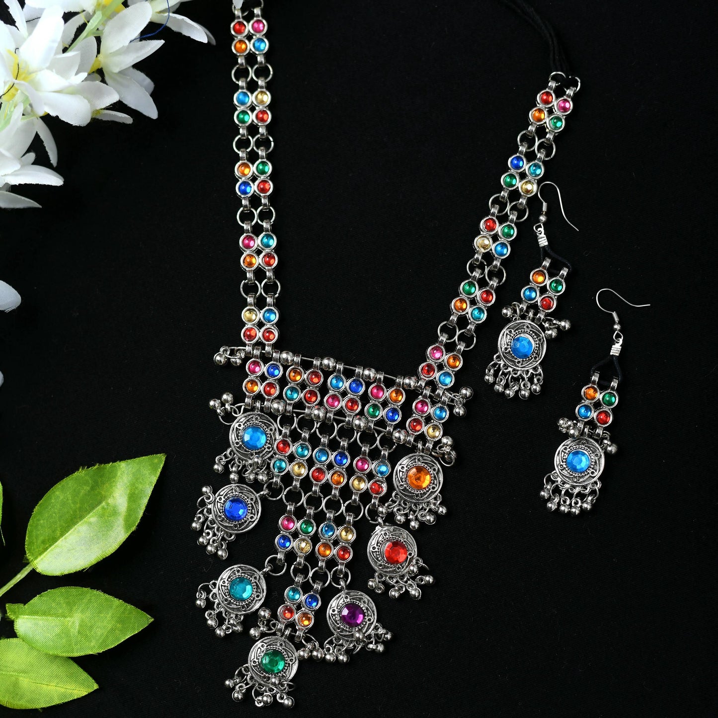 Mominos Fashion Johar Kamal Oxidised Silver-Plated Brass Finish Multi Kundan Afghani Long Necklace For Women